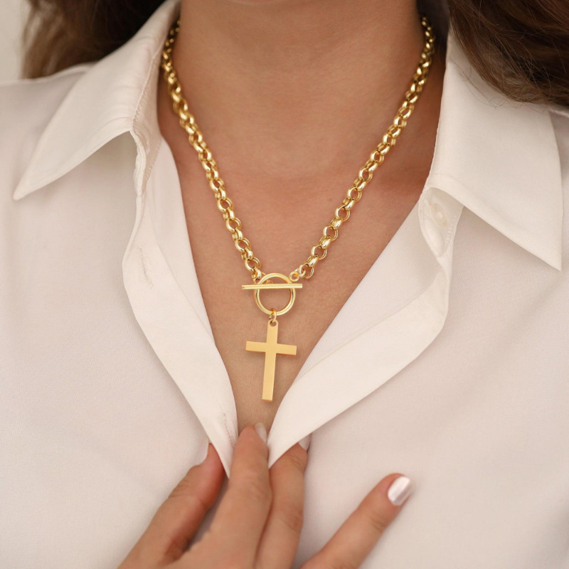 Chunky Cross Pendant Necklace for Women Vintage Inspired Gold Plated Layering Chain