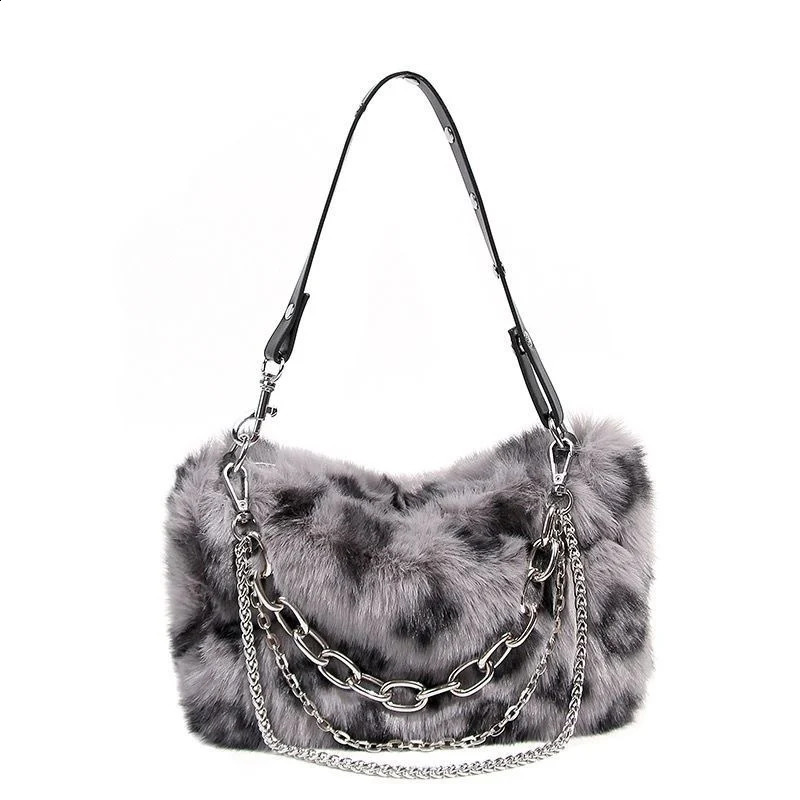 Faux Fur Leopard Shoulder Bag Womens Autumn Winter Chain Handbags Ladies Print Clutch Purses Fluffy Top Handle Bags 250828