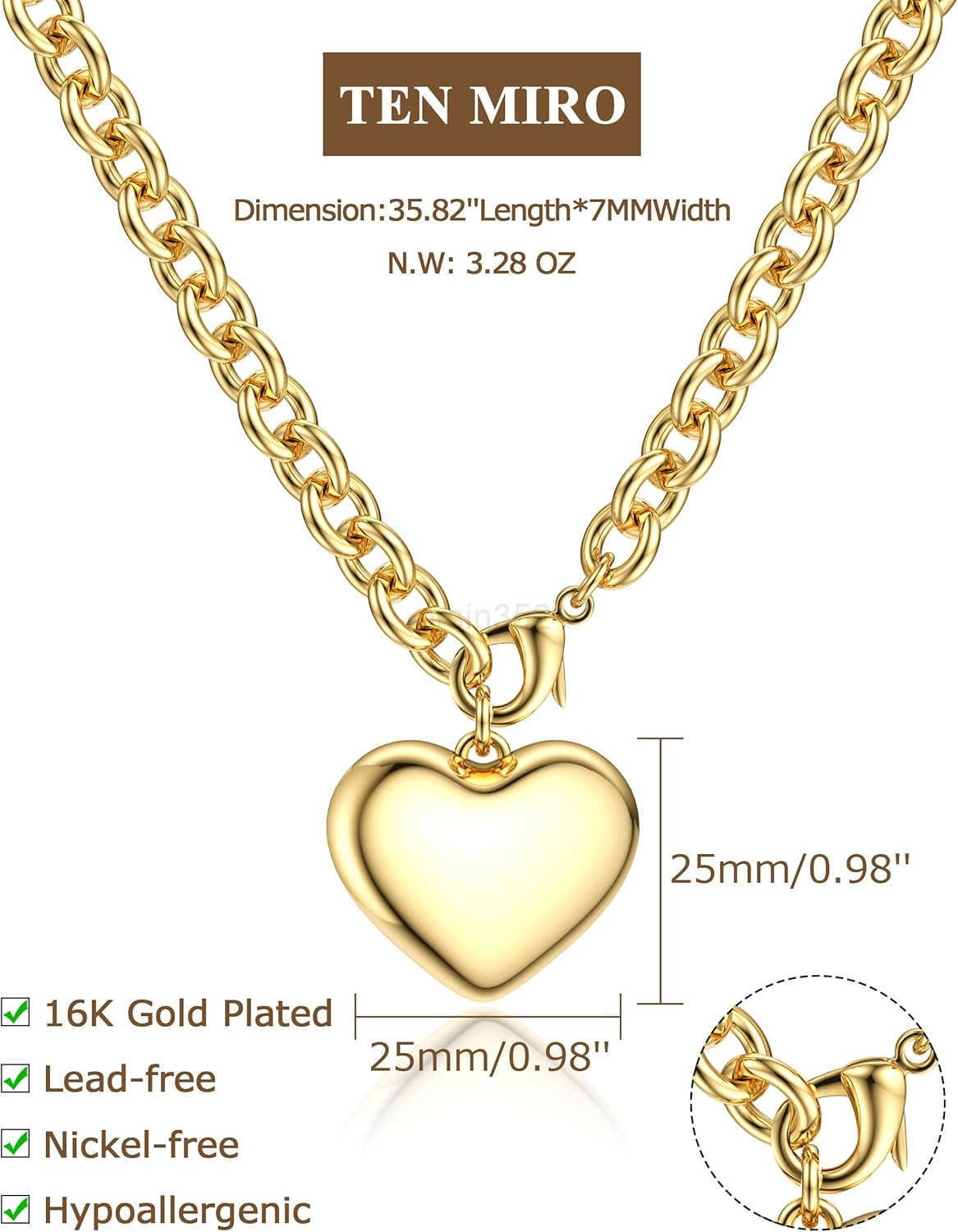 16k Chunky Gold Necklace for Women Non Tarnish 36 92cm Long Gold Chunky Heart Necklace layered Puffy Heart Necklaces Long Thick Pendant Bold Statement