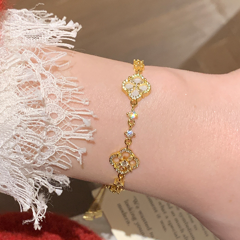 Gold - Toned Clover Bracelet, White Shell & CZ Sparkle, Adjustable Slider, French - Chic Vibe, Delicate Jewelry Accessory