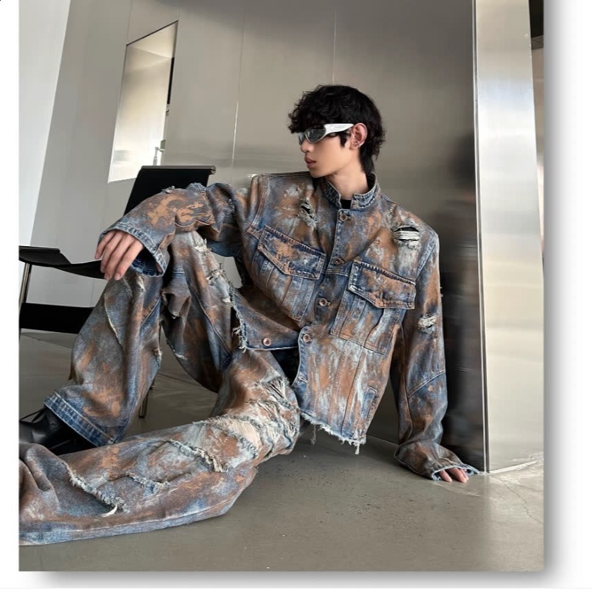2025 Spring and Autumn New American Style Painted Vintage Denim Jacket and Ripped Denim Pants Mens Loose Set 250617
