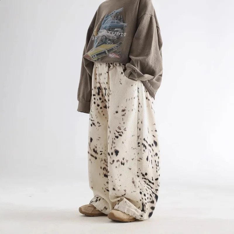 Korean Style 28Y Boys Jeans Spring Autumn Kids Apricot Leopard Print Casual Wide Leg Pants Children Versatile Trousers A05038 250828