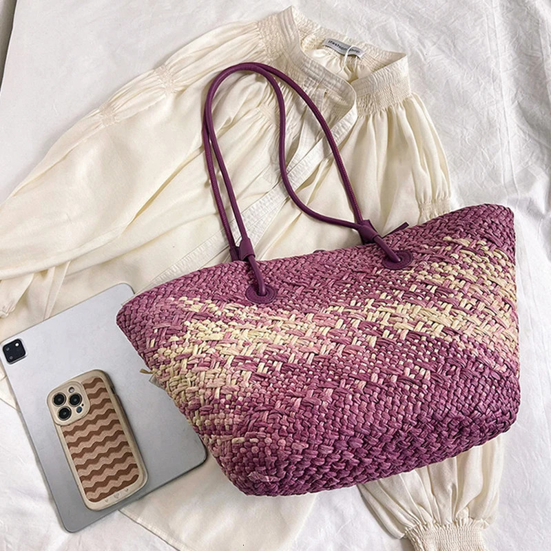 Colorful Straw Woven Beach Bag Large Capacity Underarm Basket Seaside Holiday Spaciou Shopper Tote Handbag 250829