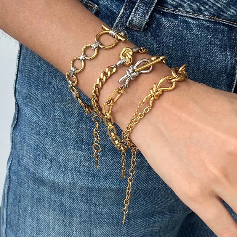 Women's 18K Two Tone Stainless Steel Various Fashion Chain Hercules Knotted Rope OT Bar Bracelet