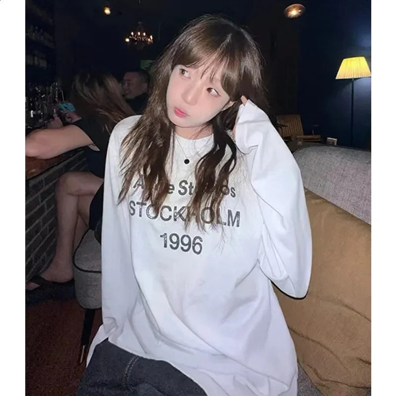 Idle Style American Printing Thin White Long Sleeve TShirt Womens Spring Autumn LooseFit Casual Round Neck Top Tren 250828