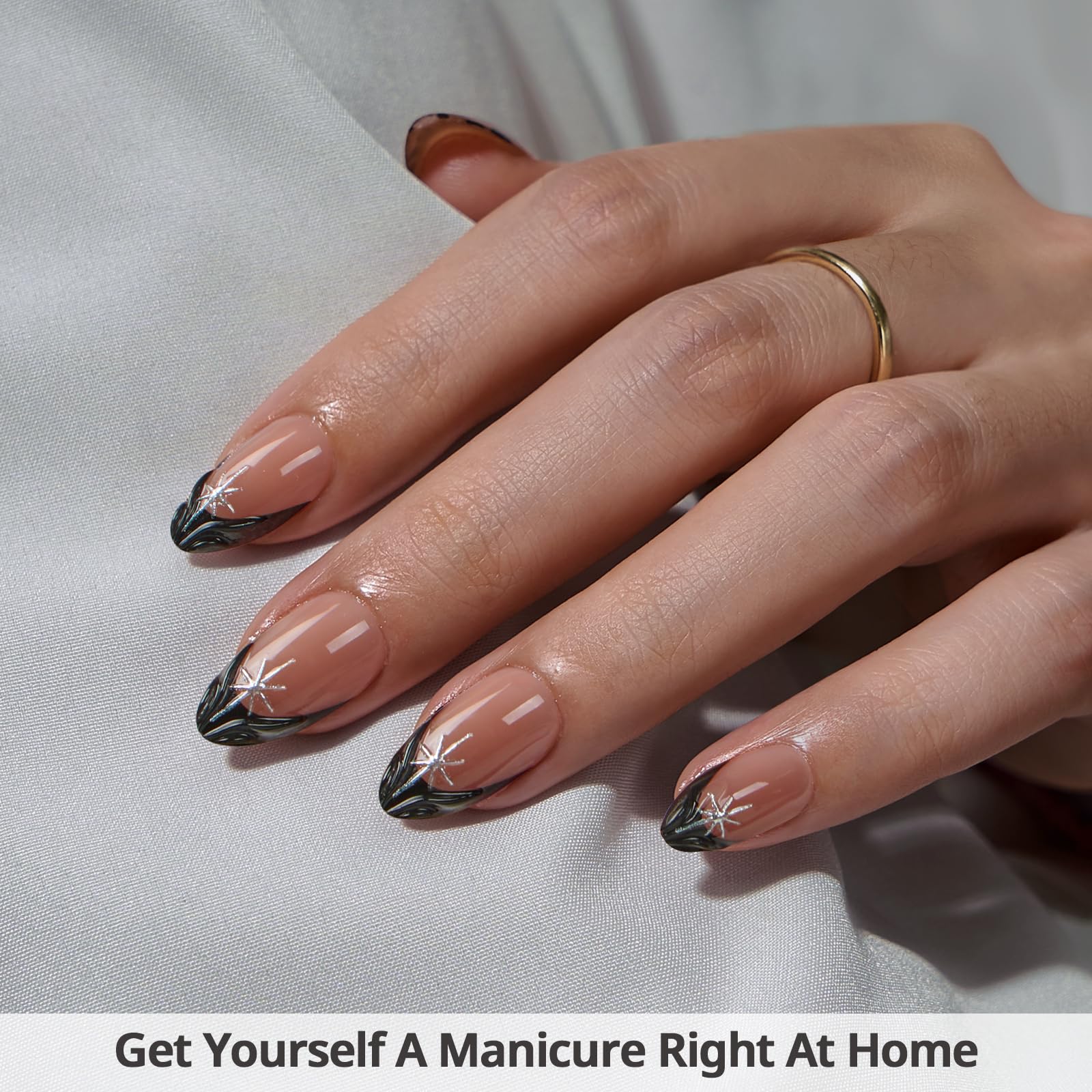 3D Black French Edge Press On Nails With Silver Cross Heart Pattern, Unique Personality Designed Specifically For Girls And Women To Wear