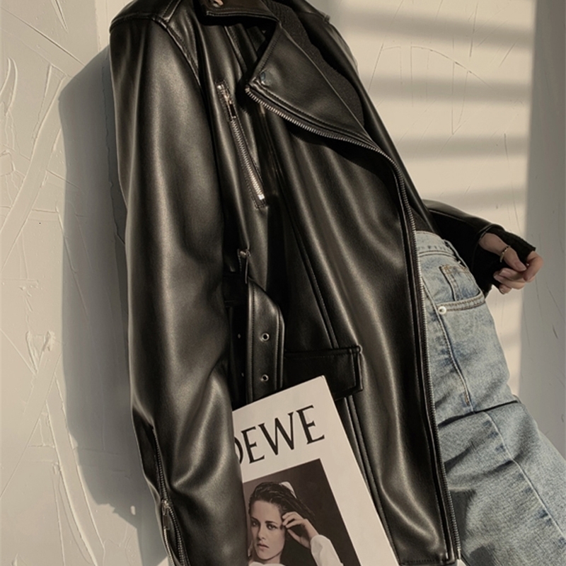 Lautaro Black Faux Leather Biker Jacket Long Sleeve Zipper Belt Loose Luxury Korean Fashion Autumn Clothes Women Wholesale y250828