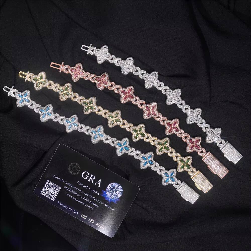 Hot Sale 18mm Large Fourleaf Clover Cuban Bracelet 925 Silver Moissanite High Quality Hiphop Jewelry for Men and Women