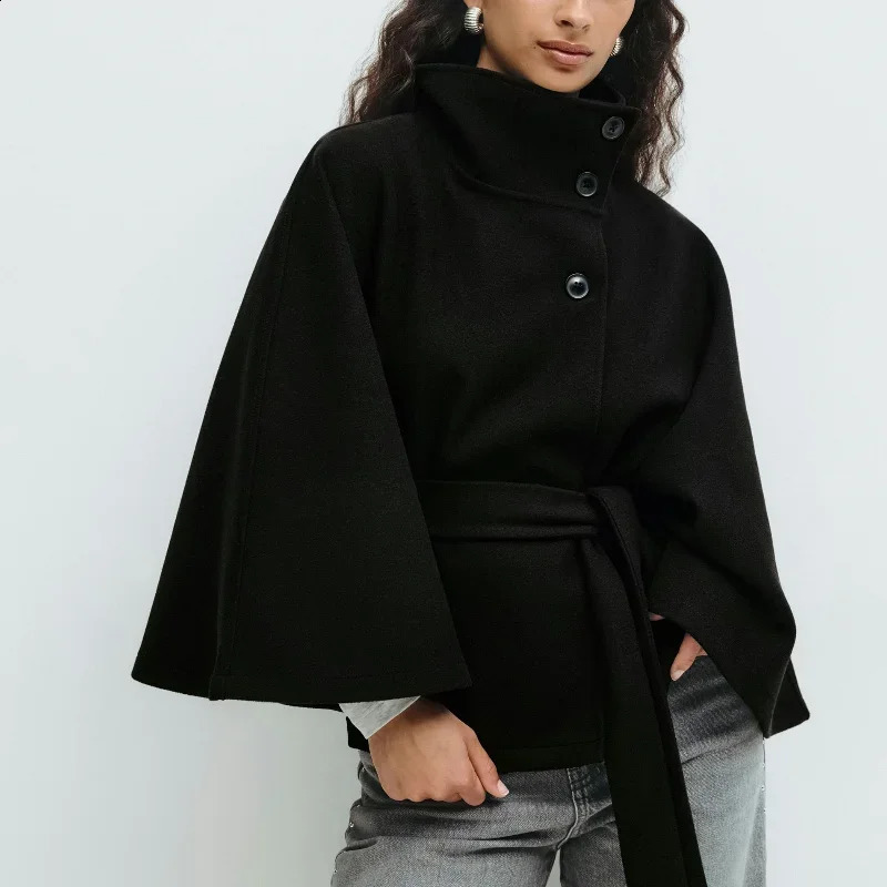 Woman Elegant Vintage Cape Coat Loose Stand Neck Belt Single Breasted Female Streetwear 2025 Autumn Winter Casual Lady Outwear 250828
