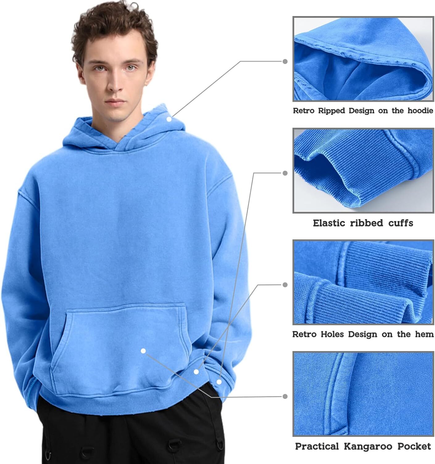 Men's Oversized Acid Wash Hoodie Heavyweight Cotton Wool Sweatshirt Loose Fit Autumn Winter Casual Street Style Pullover - view 3