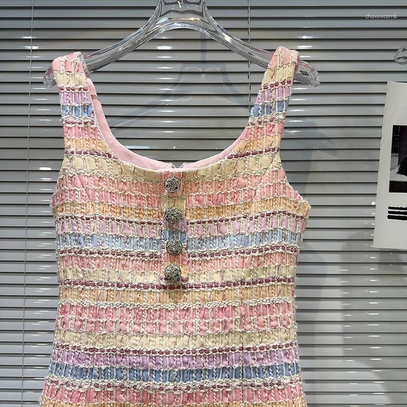 Casual Dresses Female Elegant Contrast Color Sleeveless Dress Summer Fashion Diamond Flower Buckle Woven Tweed Slimming