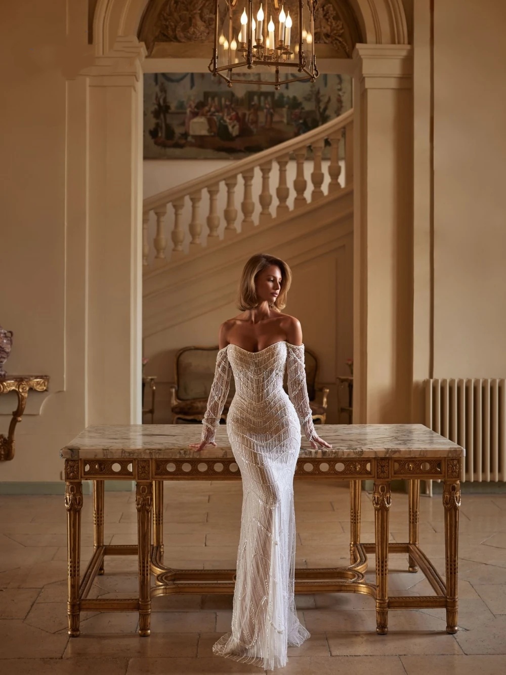 Graceful Mermaid Wedding Sequins Bridal Gowns with Overskirts Off Shoulder Ruffle Train Custom Made Bride Dresses Vestidos De Novia Plus Size