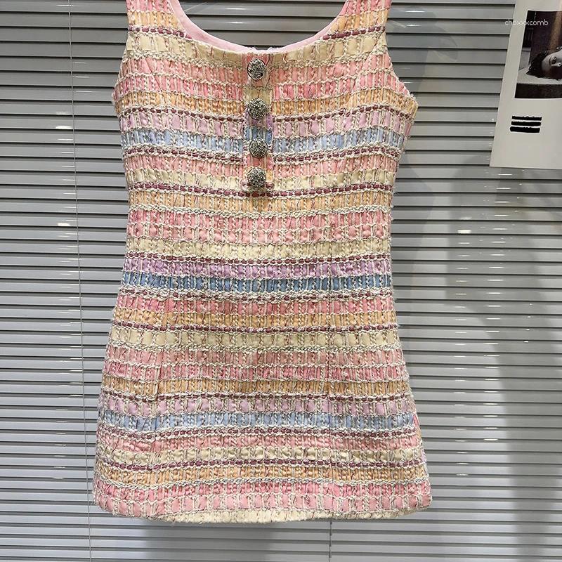 Casual Dresses Female Elegant Contrast Color Sleeveless Dress Summer Fashion Diamond Flower Buckle Woven Tweed Slimming