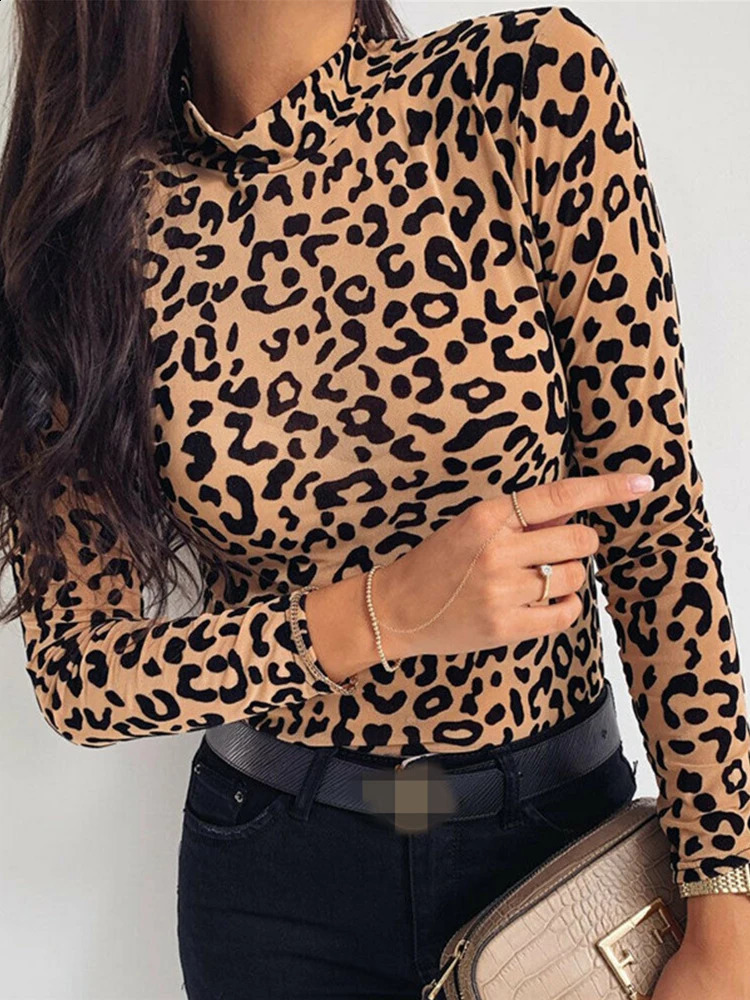Women Blouses Fashion Leopard Print Turtle Neck Blouse Autumn Long Sleeve Shirts Party Ladies Clothes And Tops 250828