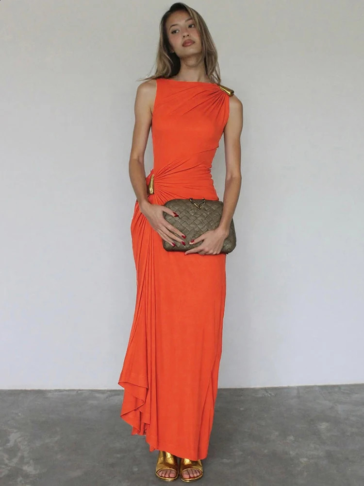 Weird Puss Classic Metal Ruched Women Dress Elegant Crew Neck Sleeveless Irregular Simple Summer Party Trend Stretch Vestidos 250828