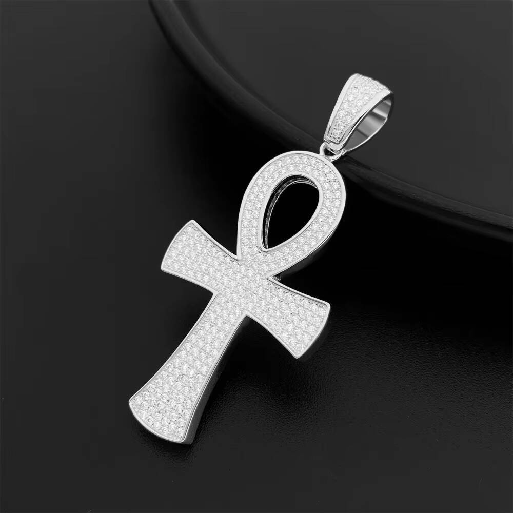925 Silver Vermeil Necklace Iced Out VVS Moissanite Diamonds Ankh Pendant Tennis Chain Set Hip Hop Jewelry for Men Women Rapper