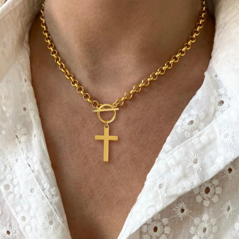 Chunky Cross Pendant Necklace for Women Vintage Inspired Gold Plated Layering Chain