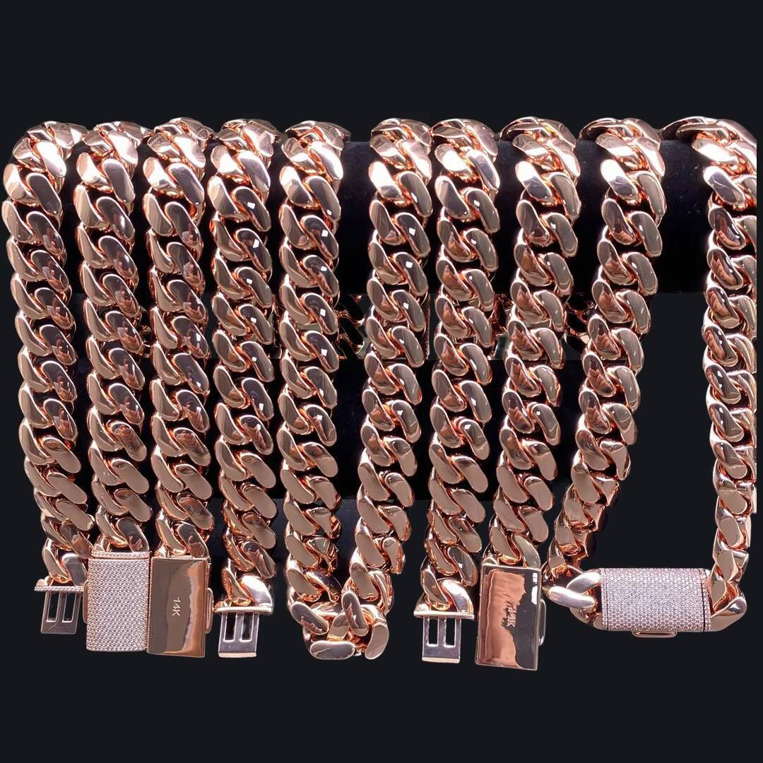 Hot Selling 14K Rose Gold Cuban Chain Necklace for Men 18mm Wide High Quality Brass Material Bling Iced Out Streetwear Jewelry