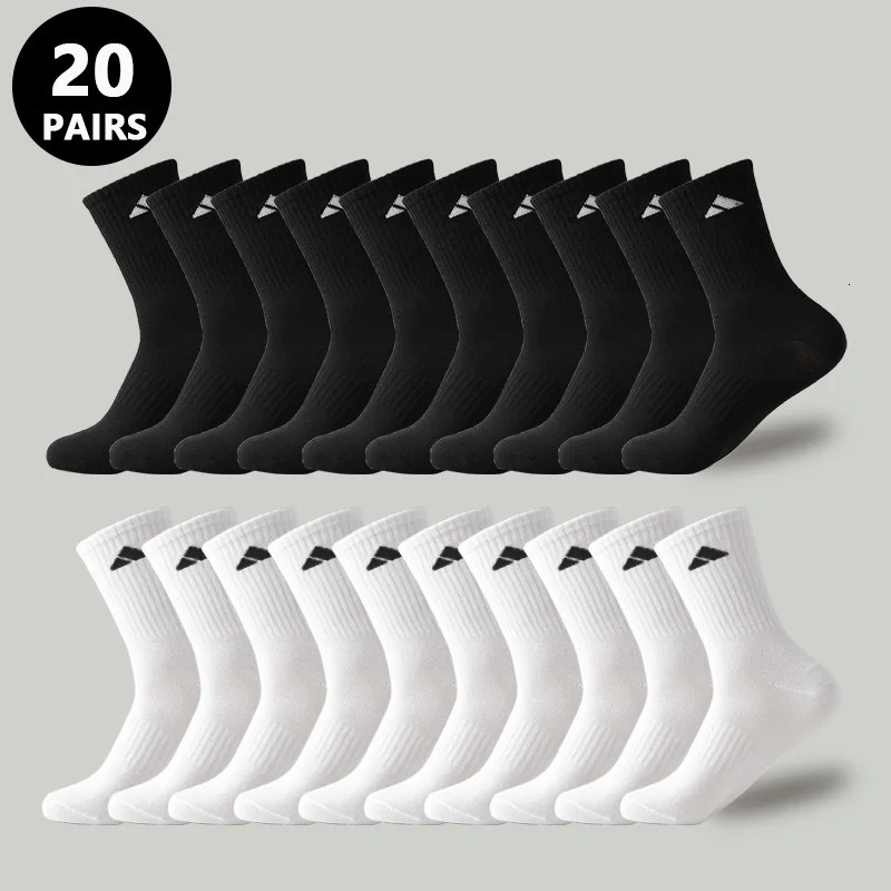 20 Pairs Mens High Waist Solid Unisex Sports Socks Black White Breathable MidCalf Casual AllSeason Simple Versatile 250829