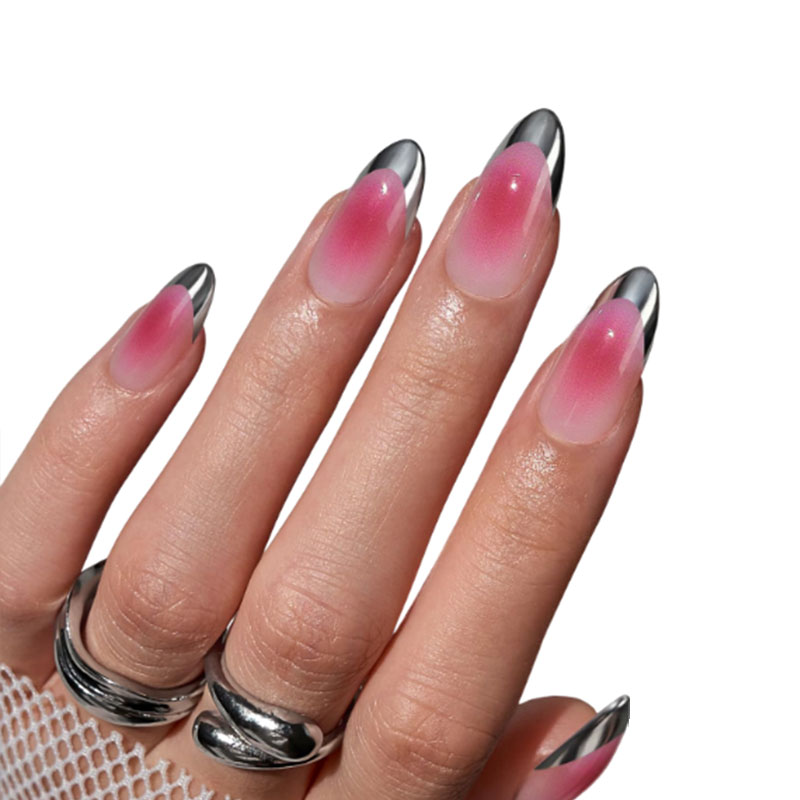 Silver Edged French Powder Blusher Almond Shaped Press On Nails, Unique And Beautiful, Suitable For Women And Girls To Wear At Parties