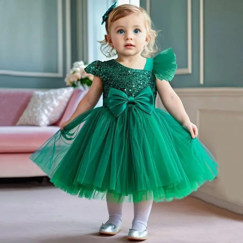 2024 Girls Princess Sequins Dresses Toddler Kids 1st Birthday Baptism Gown Children Wedding Christmas Party Dress250829