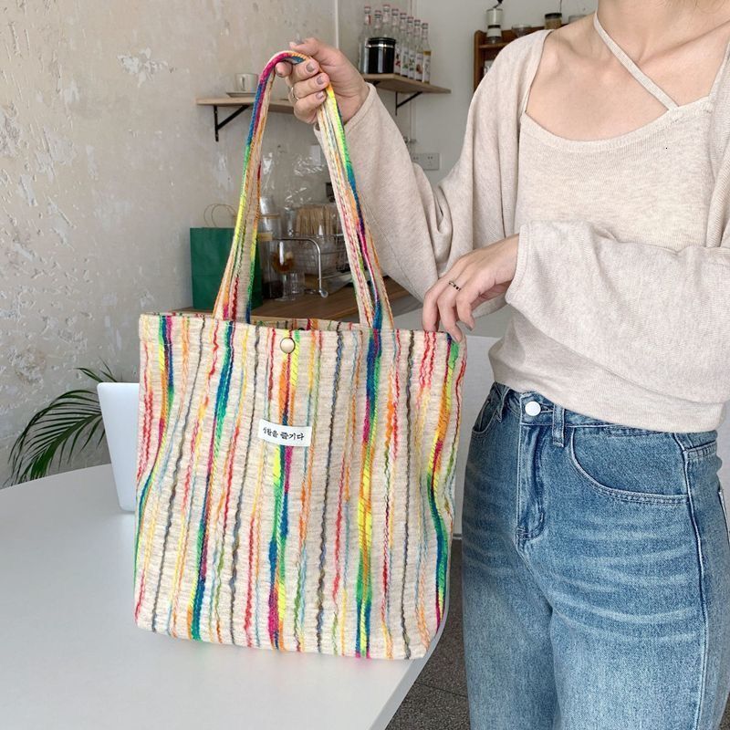 2025 autumn new forest style niche rainbow striped casual shoulder bag canvas bag simple class commuting large capacity bag designer canvas bag