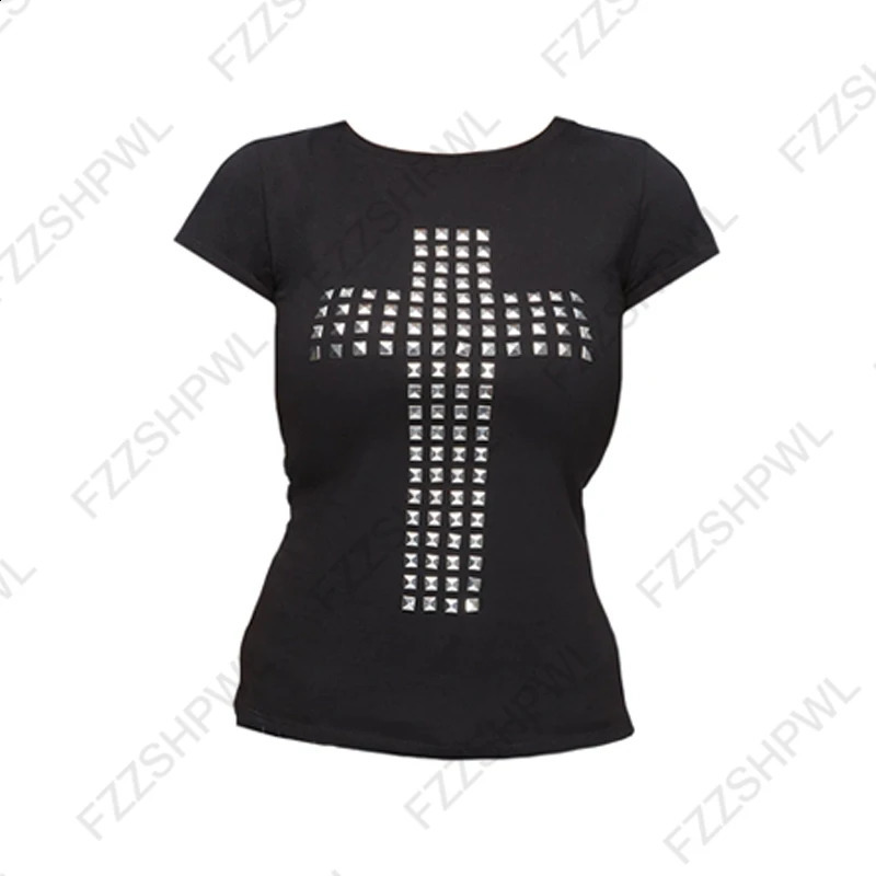 Gothic Punk Rock Hip Hop Womens Short Sleeve TShirt Sexy Slim Chic Casual Basics Metallic Decor Crop Tops Y2K Clothes 250828