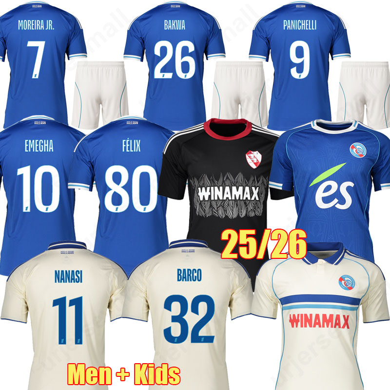 25 26 Maillots RC Strasbourg MOREIRA JR soccer jerseys PANICHELLI maillot de foot EMEGHA 2025 2026 NANASI BAKWA AMO BARCO OUATTARA FELIX football shirts home 3rd