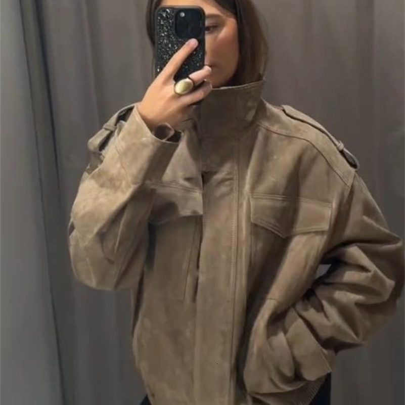 Fashion Loose Khaki Suede Jacket Women Lapel Zipper Long Sleeve Pockets Coat Female 2025 Spring Autumn Vintage High Street Tops 250828