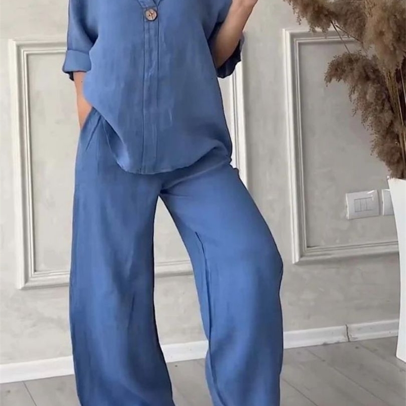 Womens Cotton and Linen Pants Suit Casual Solid Pullover Pants 2piece Set White Pink Simple Wide Leg Pants Two Piece Set Suits 250828