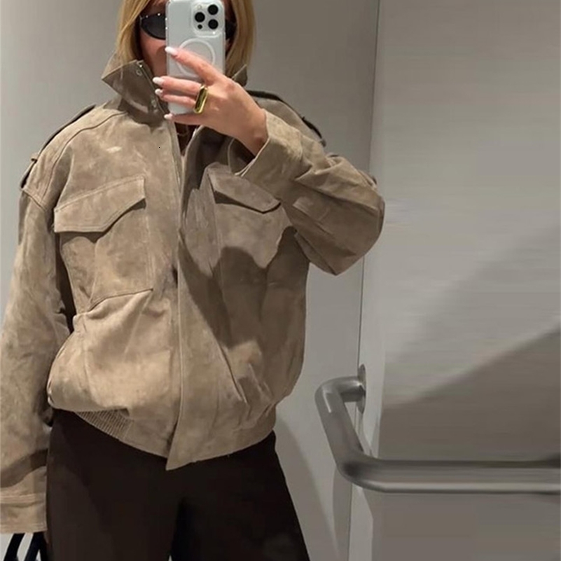 Fashion Loose Khaki Suede Jacket Women Lapel Zipper Long Sleeve Pockets Coat Female 2025 Spring Autumn Vintage High Street Tops 250828