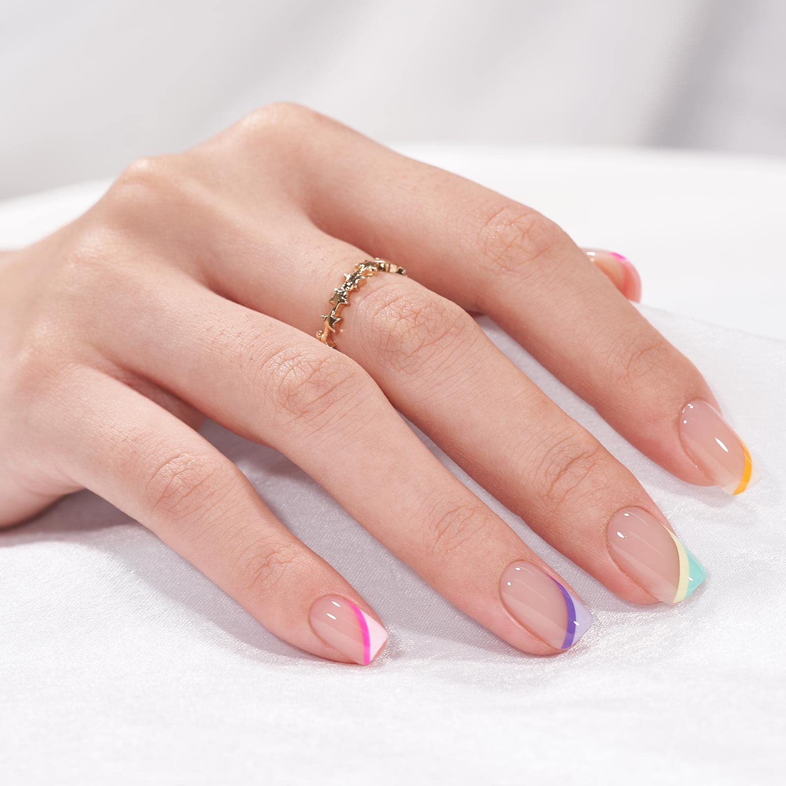Multi Colored And Diverse French Edge Medium Length Press On Nails,Unique Personality Suitable For Girls And Women's Daily Wear