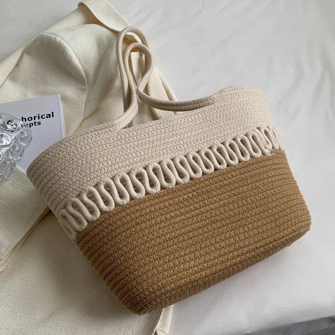 2025 autumn new minimalist niche design atmospheric hollow cotton woven bag large capacity beach vacation women's bag beach bag designer shoulder