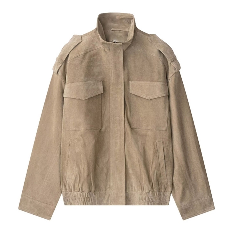 Fashion Loose Khaki Suede Jacket Women Lapel Zipper Long Sleeve Pockets Coat Female 2025 Spring Autumn Vintage High Street Tops 250828