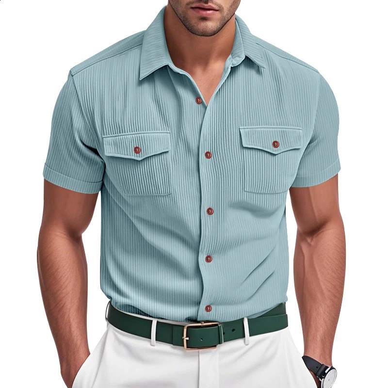 Fashion Ribbed Textured Corduroy Cargo Shirt Men Summer Casual Solid Color Buttoned Shirts Mens Leisure Short Sleeve 250828