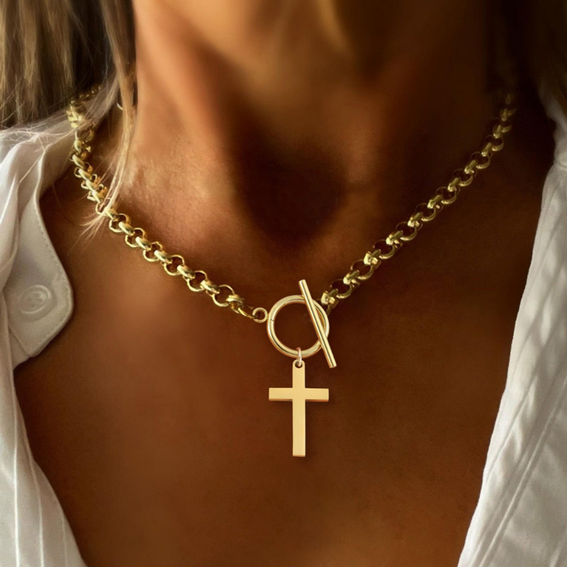 Chunky Cross Pendant Necklace for Women Vintage Inspired Gold Plated Layering Chain