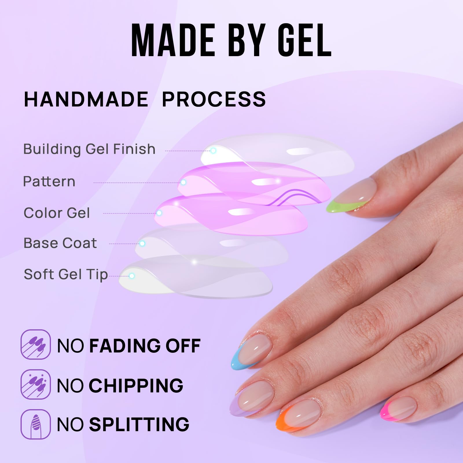 Multi Colored French Edge Press On Nails, Medium Long Almond Shaped Designed For Girls And Women With Dazzling Fashion