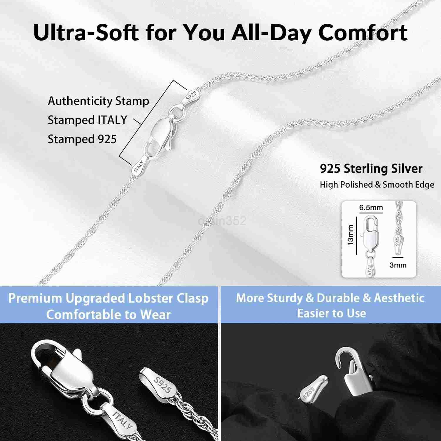 Italian 2mm Rope Chain 925 Sterling Silver Chain Necklace for Women 14K Plated Gold Chain for Women Smooth Sturdy Womens Chain Necklaces 16 18 20 22 2