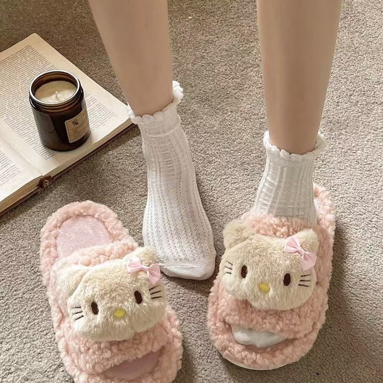 Free shipping Cute Kitten Fur Slippers Cartoon Women'S Outdoor Wear 2025 Autumn And Winter New Flat Bottom Anti Slip Plush Cotton Slippers - view 5