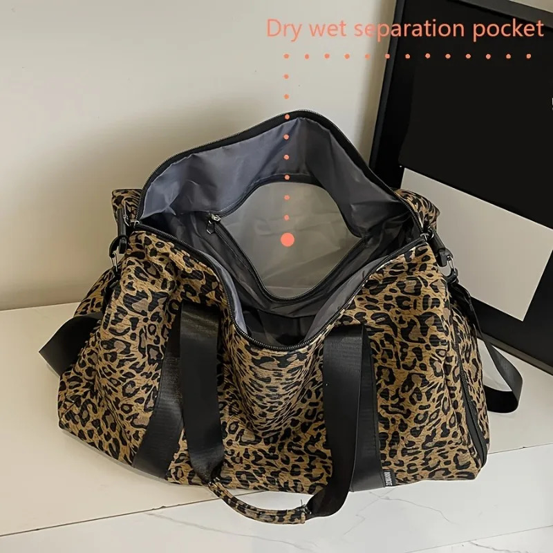 Fashionable Ladys Leopard Print Tote Bag Large Capacity Travel Weekender Overnight with Shoe Compartment 250829