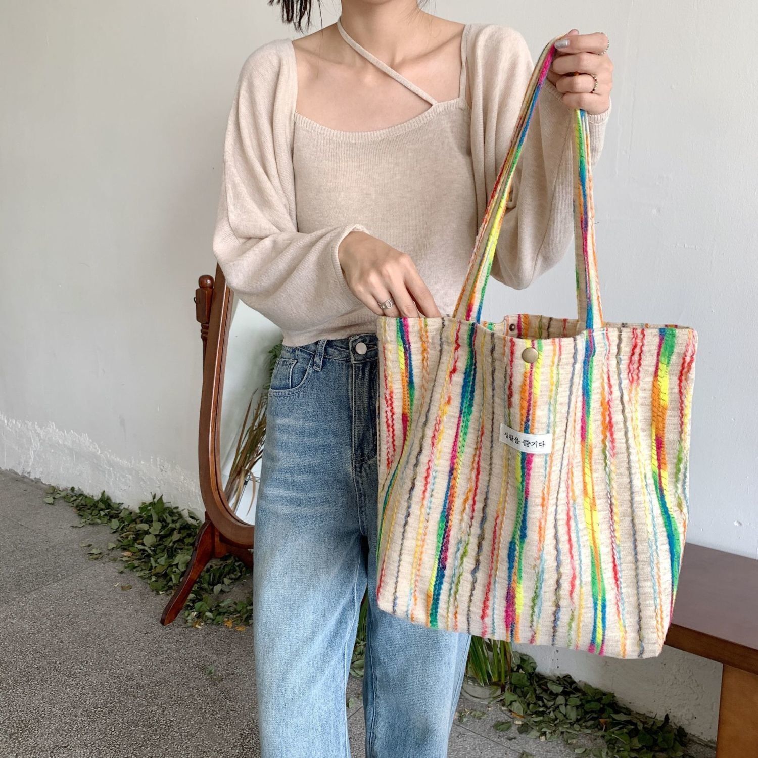 2025 autumn new forest style niche rainbow striped casual shoulder bag canvas bag simple class commuting large capacity bag designer canvas bag