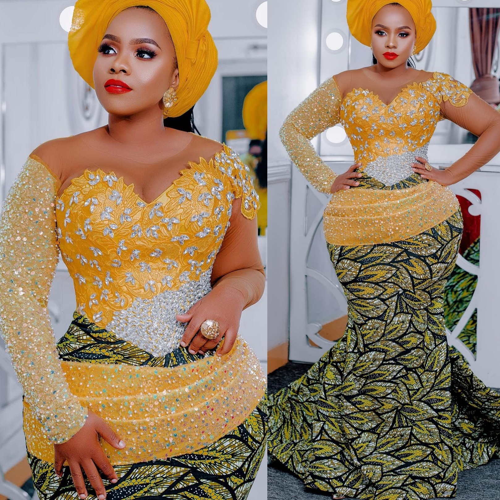 Aso Ebi Yellow Mermaid Prom Dress 2025 Lace Crystals Printed African Evening Formal Party Birthday Dresses Robe De Sorrie Reception Gowns For Special 