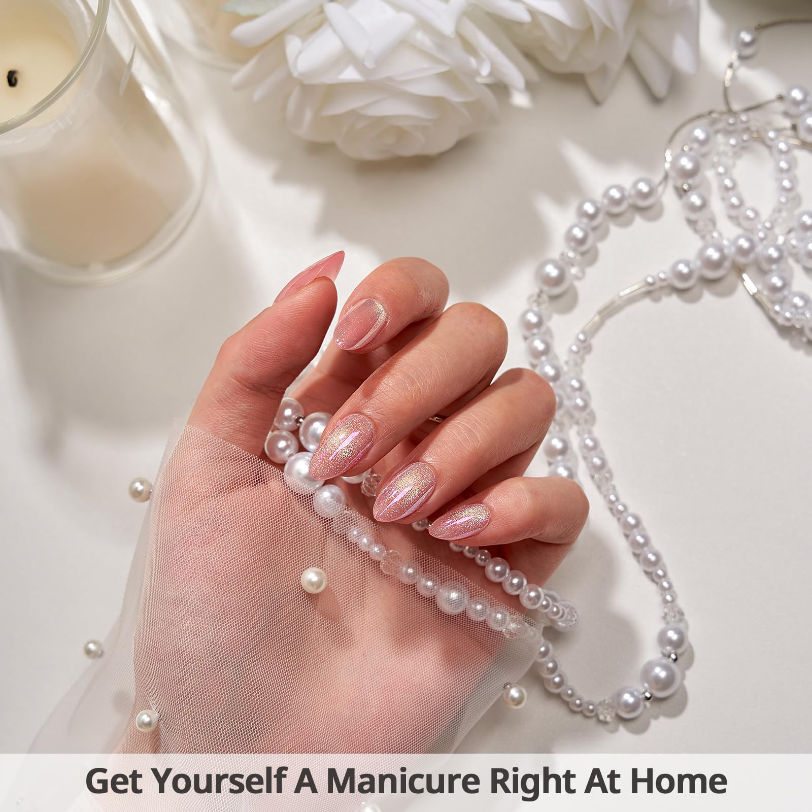 Almond Shaped Press On Nails With A Shiny Pink Surface, Eye-catching And Suitable For Girls And Women To Wear At Parties And Banquets