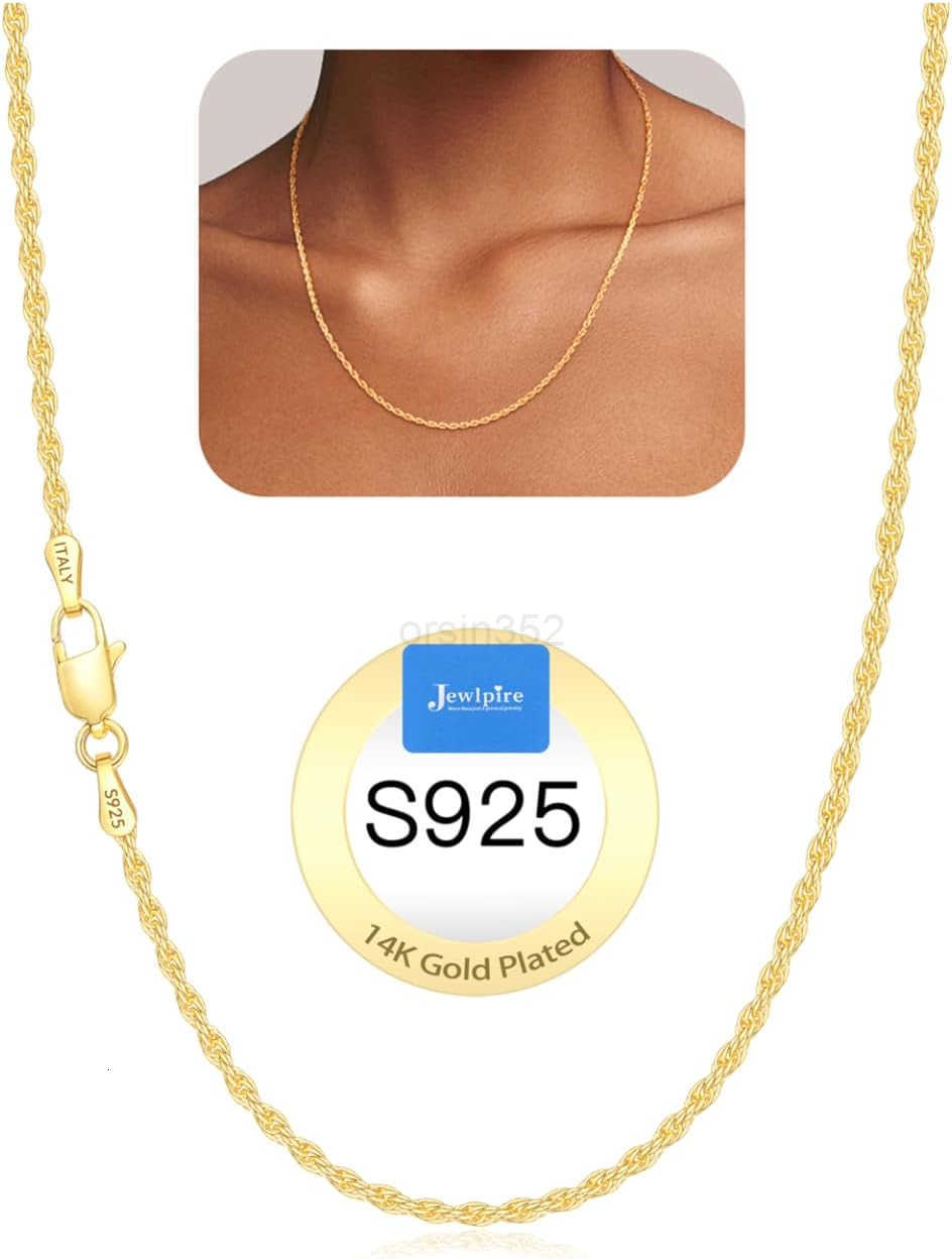 Italian 2mm Rope Chain 925 Sterling Silver Chain Necklace for Women 14K Plated Gold Chain for Women Smooth Sturdy Womens Chain Necklaces 16 18 20 22 2