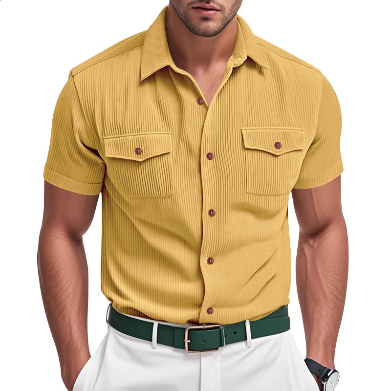 Fashion Ribbed Textured Corduroy Cargo Shirt Men Summer Casual Solid Color Buttoned Shirts Mens Leisure Short Sleeve 250828