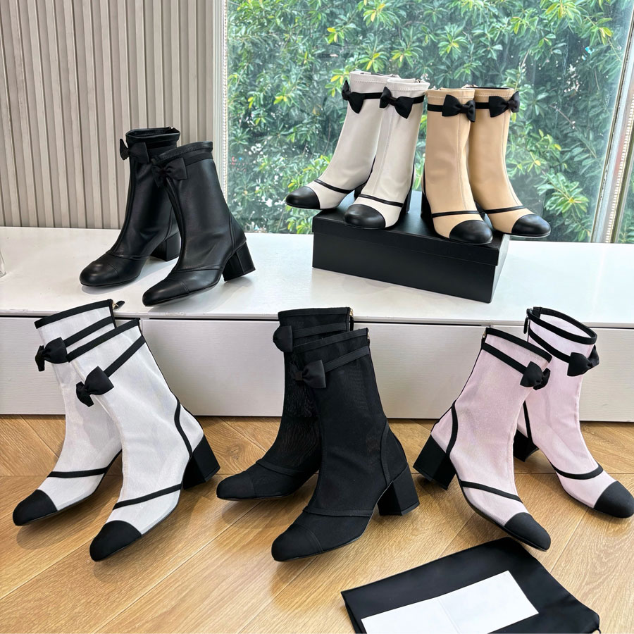 Top quality new Trendy Bow Mesh ankle boots Kitten Heels Chunky Heel Fashion boots Knight Boots Thick heel Luxury designer boots for womens