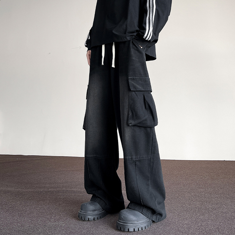 Autumn Men Cargo Jeans Neutral Wide Leg Pants Baggy Multi-pockets Denim Trousers Streetwear Skateboard Male Clothes 231220