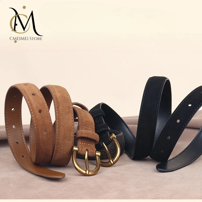 Genuine Leather Suede Women Belt Fashion Skinny Waistband Retro Gold Buckle Brown Belts for Jeans Pants 250829
