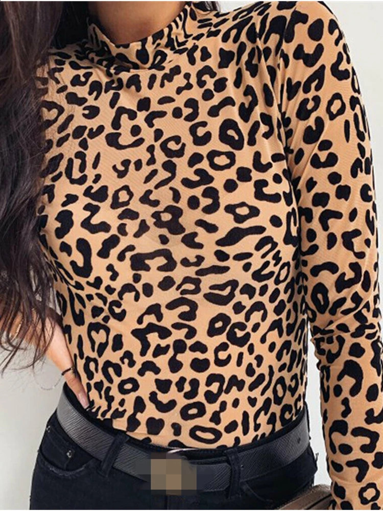 Women Blouses Fashion Leopard Print Turtle Neck Blouse Autumn Long Sleeve Shirts Party Ladies Clothes And Tops 250828