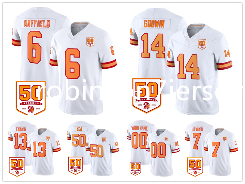 NFL Buccaneer 50th Anniversary Patch Football Stitched Jersey 50 Vita Vea 13 Mike Evans 14 Chris Godwin 6 Baker Mayfield 7 Bucky Irving 31 Antoine Winfield Jr.